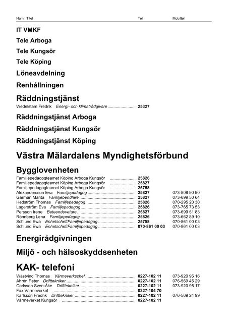 CMG Phone Book - VÃ¤stra MÃ¤lardalens KommunalfÃ¶rbund