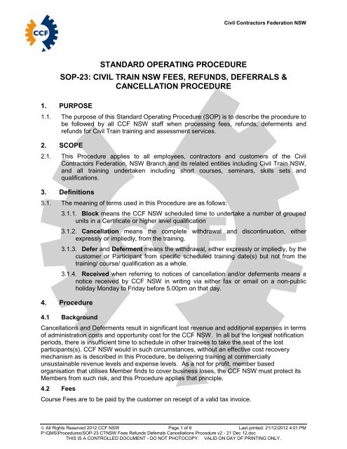 STANDARD OPERATING PROCEDURE - Civil Contractors Federation