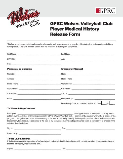 GPRC Wolves Volleyball Club Player Medical History Release Form