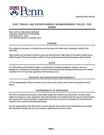 2367 travel and entertainment reimbursement policy- per diems