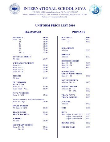 uniform price list 2010 secondary - International School Suva