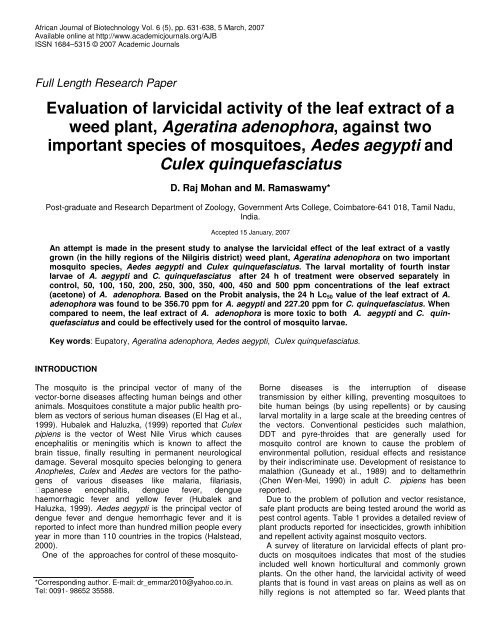 Evaluation of larvicidal activity of the leaf extract of a weed plant ...