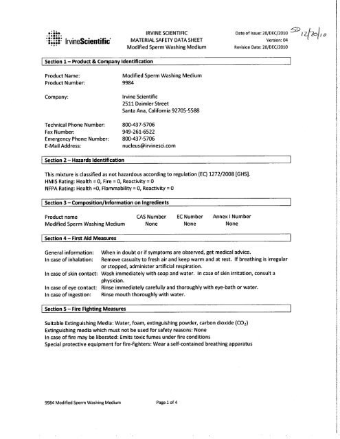 MSDS | Modified Sperm Washing Medium - Irvine Scientific