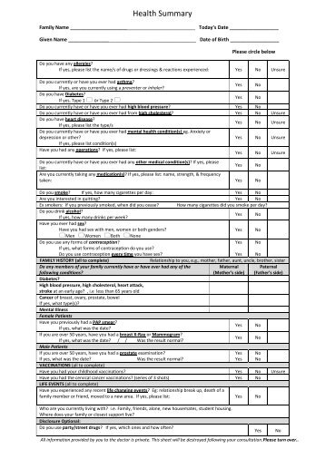 Health Summary Form - Student Services