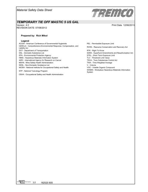 ELITE Temporary Tie Off Mastic - US MSDS - Tremco Roofing