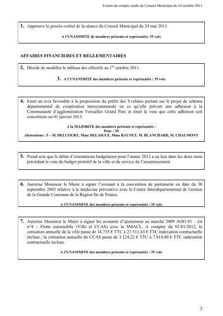 Compte-rendu synthÃ©tique du Conseil municipal du 18 octobre 2011