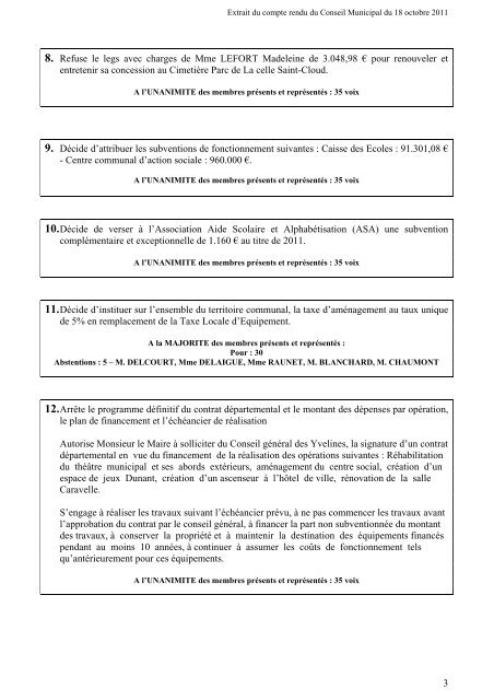 Compte-rendu synthÃ©tique du Conseil municipal du 18 octobre 2011