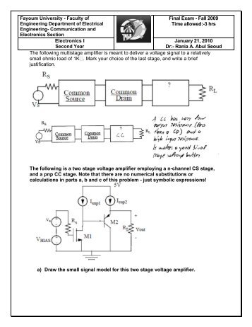 Final Exam - Fall 2009 Time allowed:-3 hrs Electronics I January 21 ...