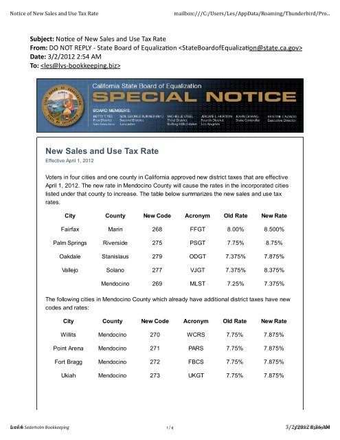 Notice of New Sales and Use Tax Rate - Les von Sederholm ...