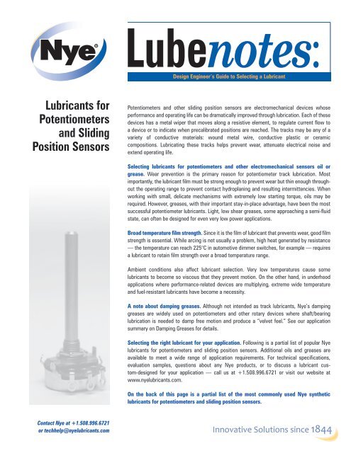 Lubricants for Potentiometers and Sliding Position Sensors