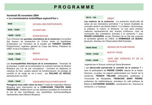 Quelle Science pour demain ? Programme des journÃ©es. - Mission d ...