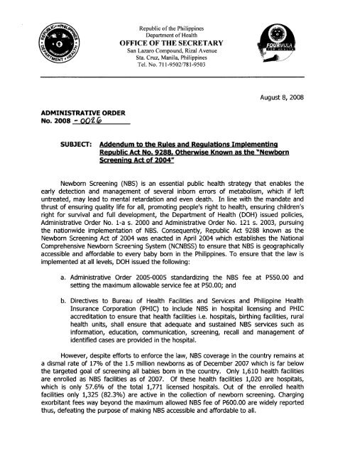 Administrative Order No. 2008-0026 - DOH