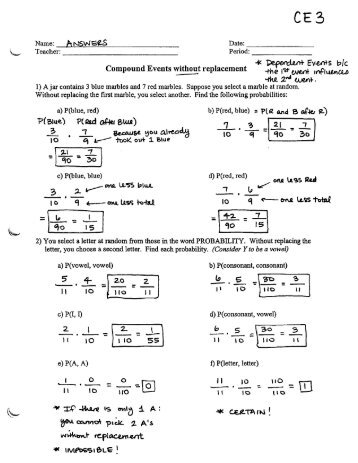 Compound Events WITHOUT Replacement - Worksheet - CE3