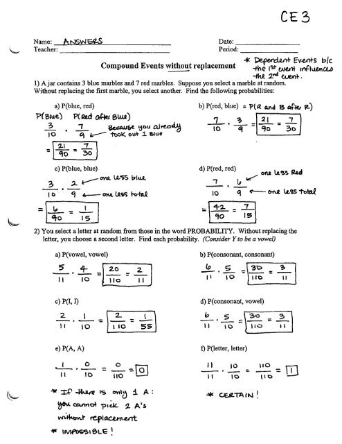 Compound Events WITHOUT Replacement - Worksheet - CE3