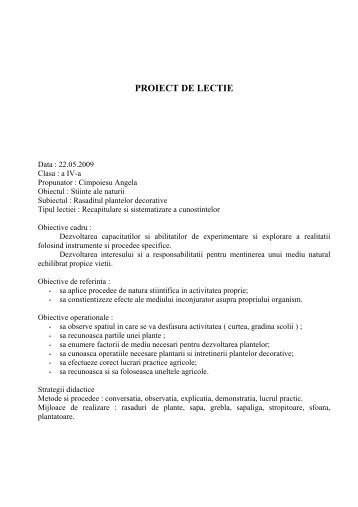 Proiect De Lectie Stiinte Ale Naturii Clasa 4