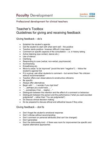 Teacher's Toolbox Guidelines for giving and receiving feedback