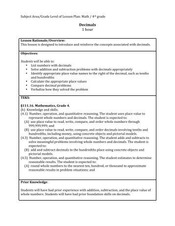 Fourth Grade Math Lesson Plan on Decimals - St. Edwards University