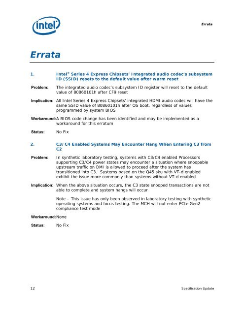 IntelÂ® 4 Series Chipset Family Specification Update