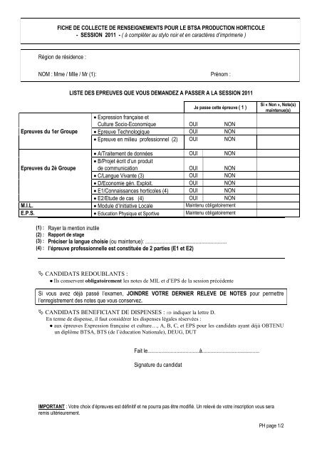 FICHE DE COLLECTE DE RENSEIGNEMENTS POUR LE BTSA ...