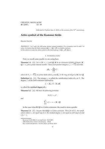 Artin symbol of the Kummer fields - Creative Math. and Inf.