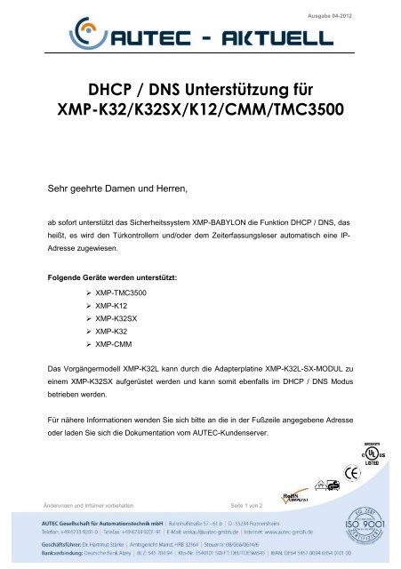 DHCP / DNS UnterstÃƒÂ¼tzung fÃƒÂ¼r XMP-K32/K32SX/K12/CMM/TMC3500