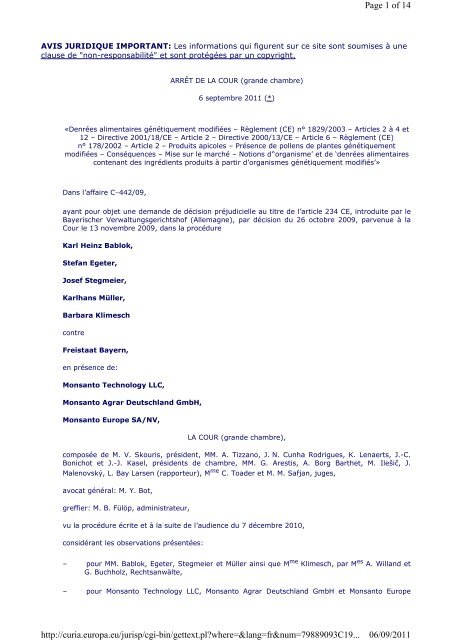 Copie Intégrale du Jugement de la CJCE concernant le pollen OGM ...