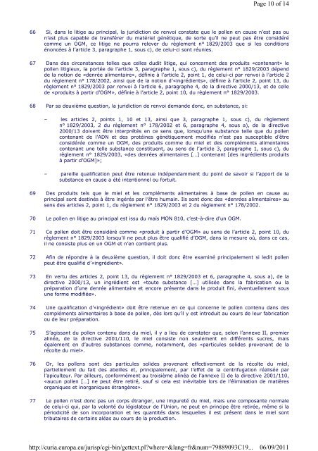 Copie Intégrale du Jugement de la CJCE concernant le pollen OGM ...