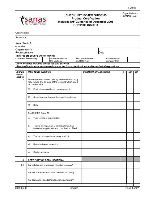 CHECKLIST ISO/IEC GUIDE 65 Product Certification ... - Sanas