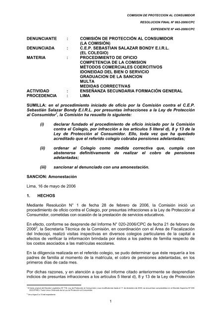 DENUNCIANTE : COMISIÃN DE PROTECCIÃN AL ... - Indecopi