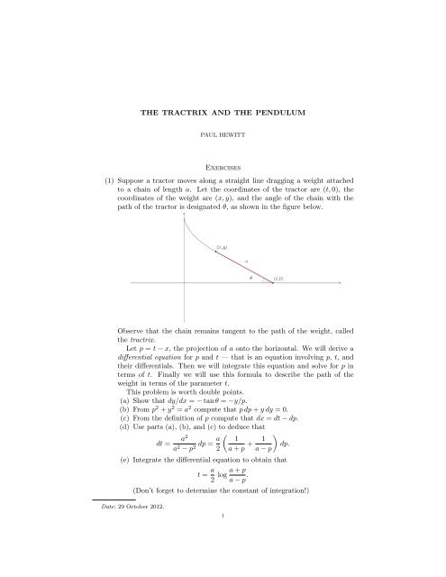 THE TRACTRIX AND THE PENDULUM Exercises ... - The Live Toad