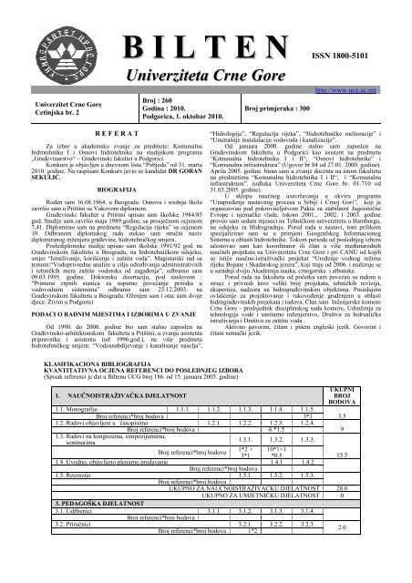 Bilten br.260 - Univerzitet Crne Gore