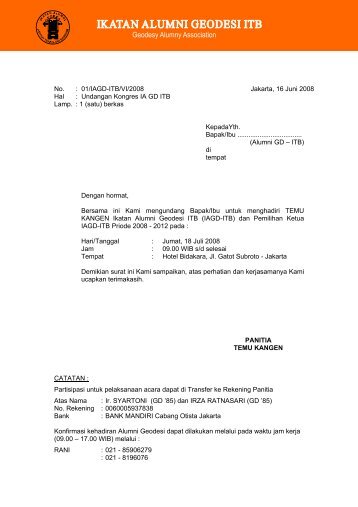 No. : 01/IAGD-ITB/VI/2008 Hal : Undangan Kongres IA GD ITB Lamp ...