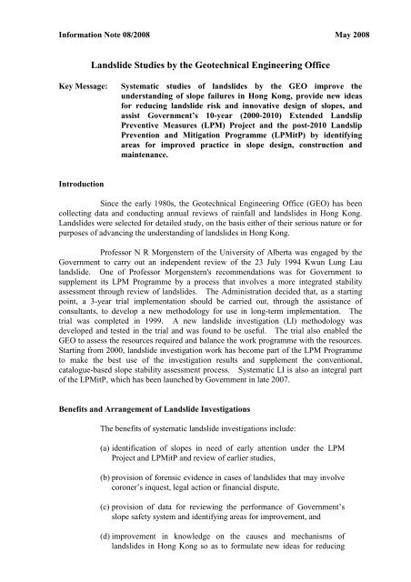 Landslide Studies by the Geotechnical Engineering Office