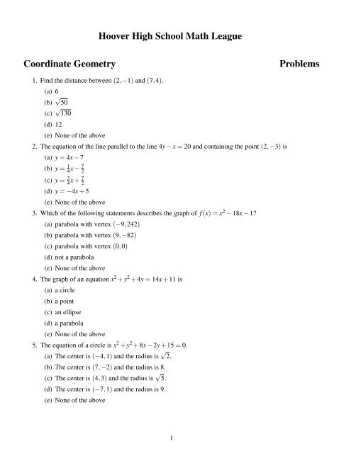 Hoover High School Math League Coordinate Geometry Problems