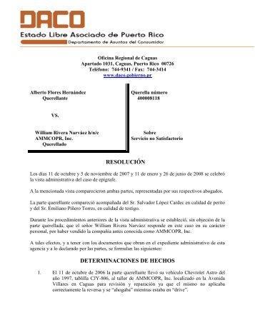 Alberto Flores Hernandez v William Rivera Narvaez hnc ... - DACO