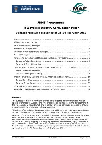 TSW Project Industry Consultation Paper - New Zealand Customs ...