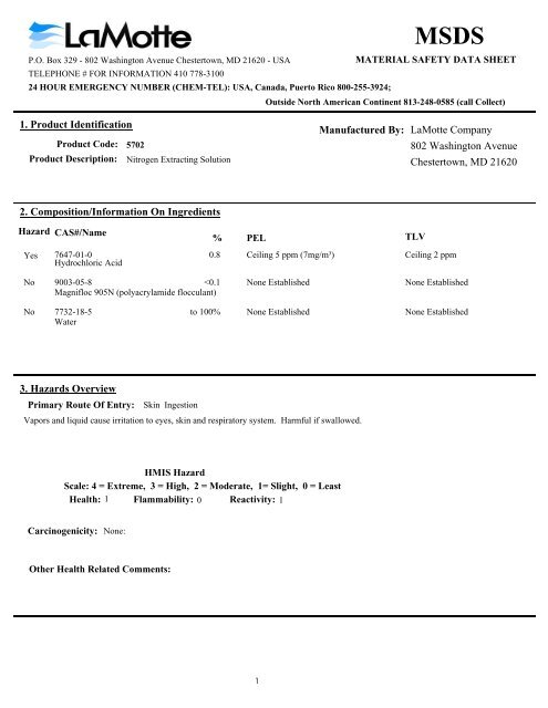 LaMotte Nitrogen Extracting Solution MSDS - Arbico Organics