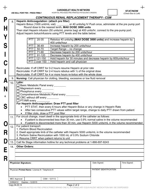 CHN2412 Continuous Renal Replacement Therapy ... - Carondelet