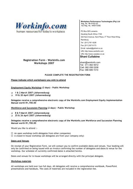 Registration Form - Workinfo.com Workshops 2007 Shani Cullabine