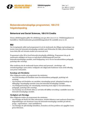 Beteendevetenskapliga programmet, 180 hp (Västerås) (pdf 185 kB)
