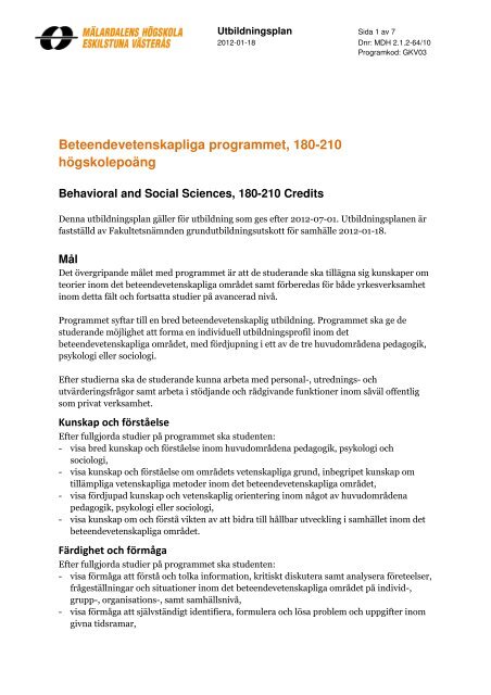 Beteendevetenskapliga programmet, 180 hp (Västerås) (pdf 185 kB)