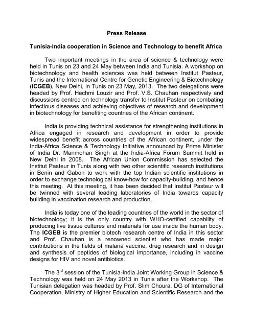 Press Release Tunisia-India cooperation in Science and ...