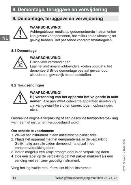 Gebruiksaanwijzing Gasdruk-thermometer, modellen 73, 74, 75