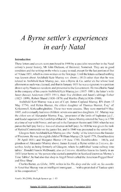A Byrne settler sexperiences in early Natal - Pmbhistory.co.za