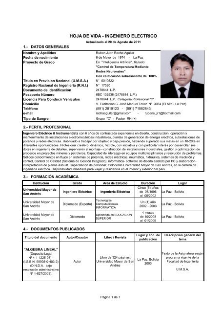 HOJA DE VIDA - INGENIERO ELECTRICO - Ingenieria ElÃ©ctrica