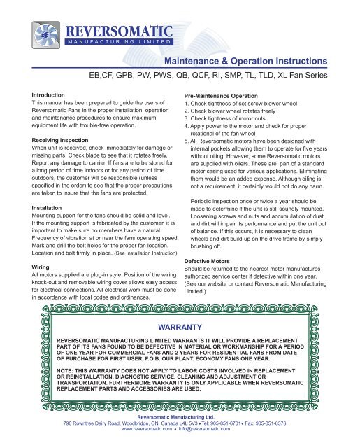 Warranty, Maintenance & Operation Instructions - Reversomatic