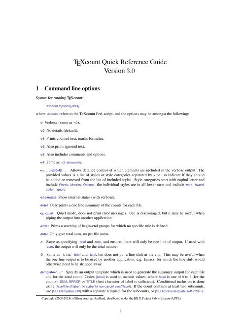 TEXcount Quick Reference Guide Version 3.0 - CTAN