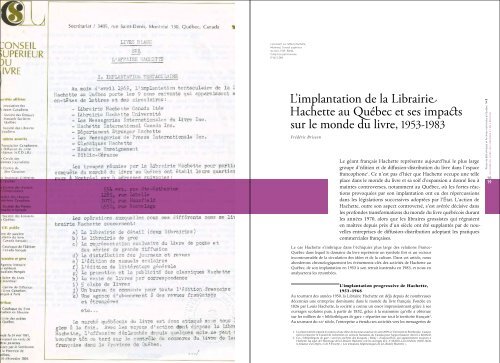 L'implantation de la Librairie Hachette au QuÃ©bec et ses impacts sur ...