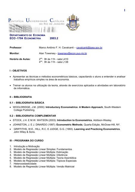 ECO -1704 E 2003.2 - Departamento de Economia - PUC-Rio