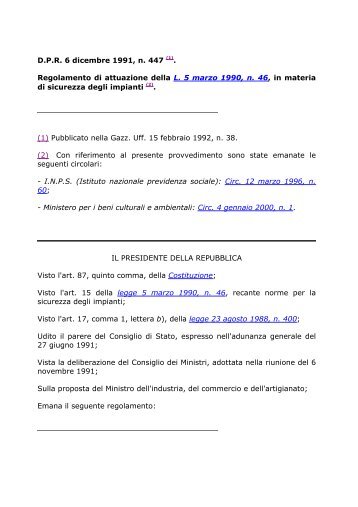 D.P.R. 6 dicembre 1991, n. 447 (1). Regolamento di attuazione della ...